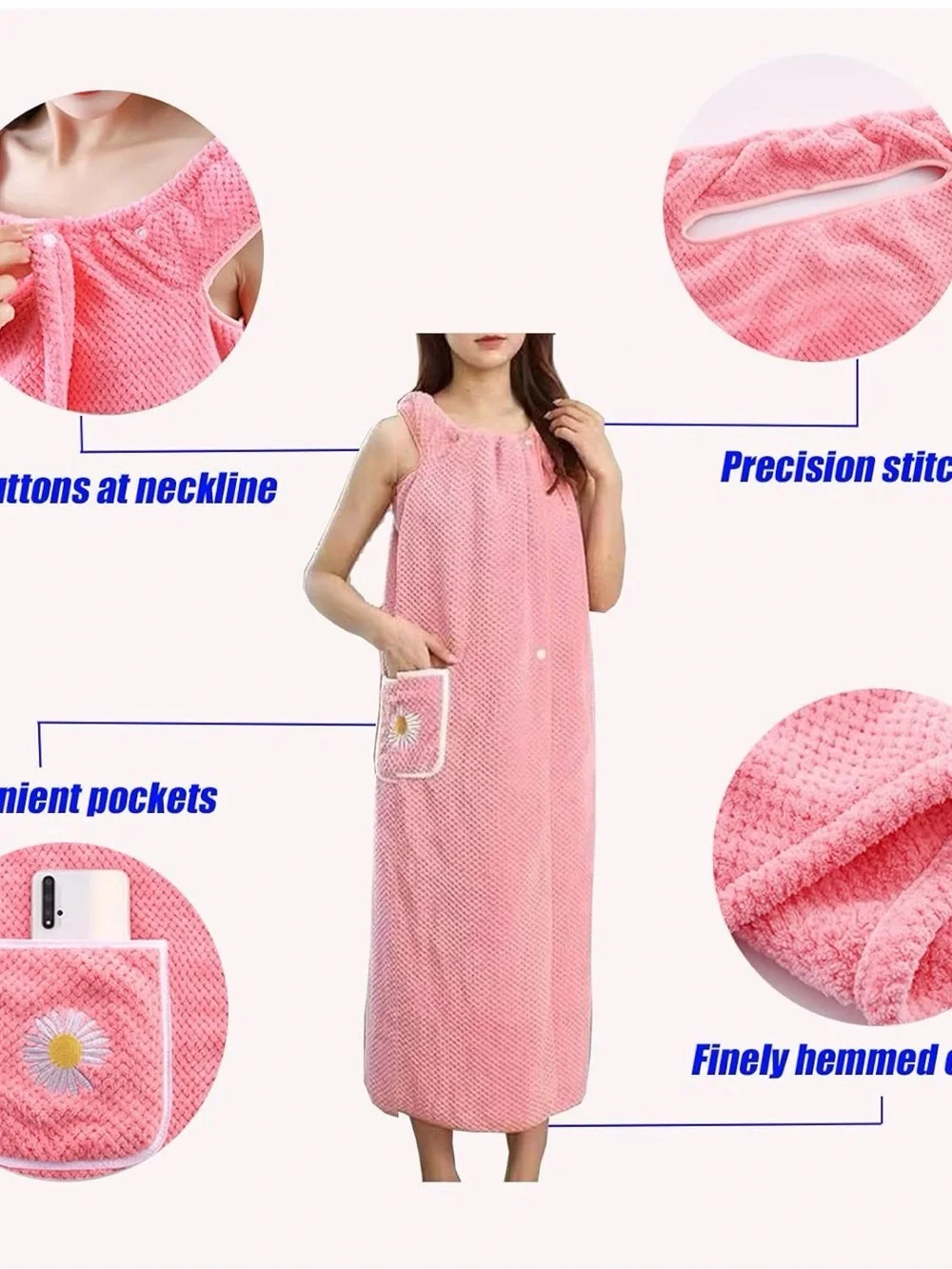 light blue, pink fleece wearable bath towel wrap with a daisy pocket
